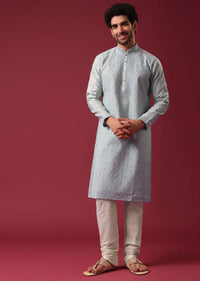 Grey Kurta Set In Silk with Sequin Work