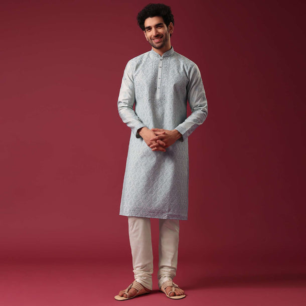 Grey Kurta Set In Silk with Sequin Work