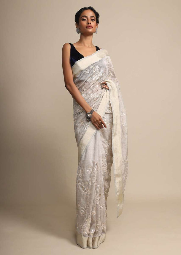 Grey Linen Saree With Floral Jaal Embroidery Online - Kalki Fashion