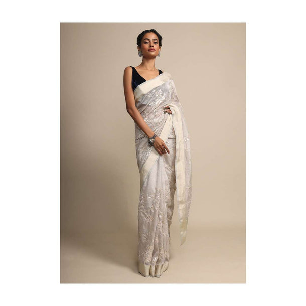 Grey Linen Saree With Floral Jaal Embroidery Online - Kalki Fashion