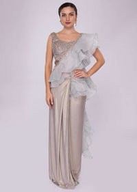 Grey lycra saree with draped pleats and ruffled organza pallo