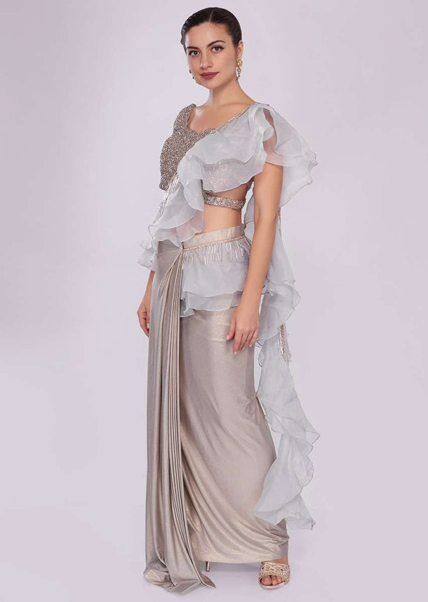 Grey lycra saree with draped pleats and ruffled organza pallo