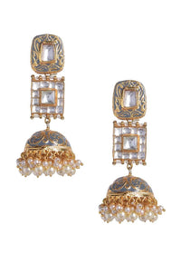Grey Mina Work Gold Plated Jhumkas Ornamented With Kundan And Pearls Online - Kalki Fashion
