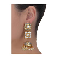Grey Mina Work Gold Plated Jhumkas Ornamented With Kundan And Pearls Online - Kalki Fashion