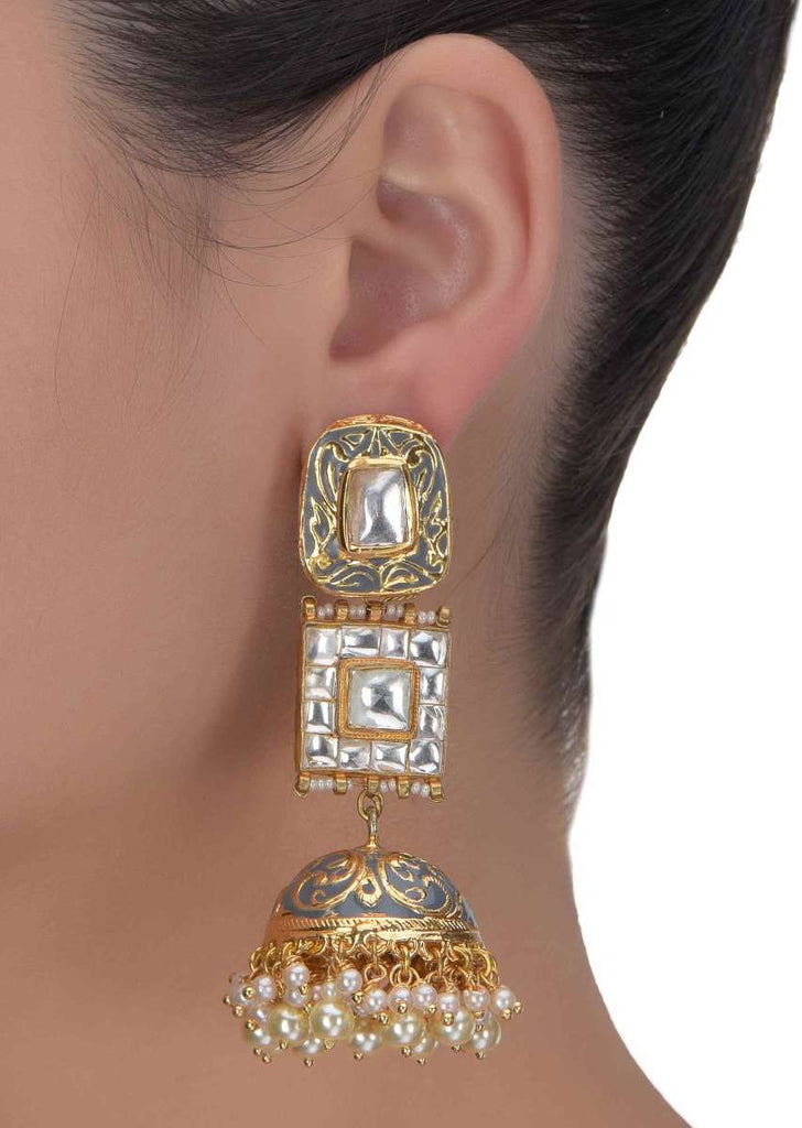 Grey Mina Work Gold Plated Jhumkas Ornamented With Kundan And Pearls Online - Kalki Fashion