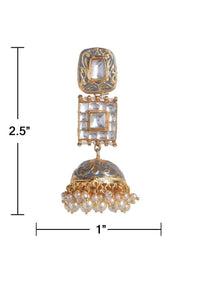 Grey Mina Work Gold Plated Jhumkas Ornamented With Kundan And Pearls Online - Kalki Fashion