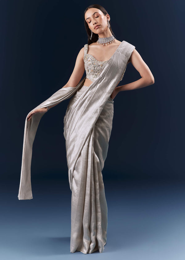 Grey Ready Pleated Saree With Embroidered Blouse