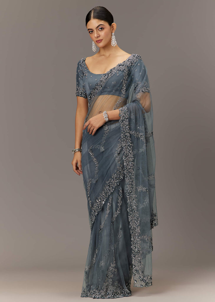 Grey Net Saree With All Over Heavy Embroidery And Net Blouse