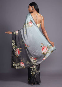 Grey Ombre Saree In Satin Blend Adorned With Floral Print And Kundan Accents Online - Kalki Fashion