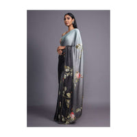 Grey Ombre Saree In Satin Blend Adorned With Floral Print And Kundan Accents Online - Kalki Fashion