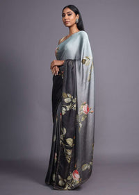 Grey Ombre Saree In Satin Blend Adorned With Floral Print And Kundan Accents Online - Kalki Fashion