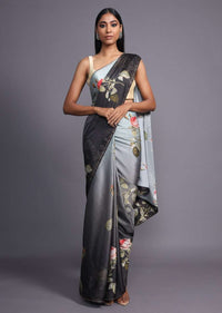 Grey Ombre Saree In Satin Blend Adorned With Floral Print And Kundan Accents Online - Kalki Fashion