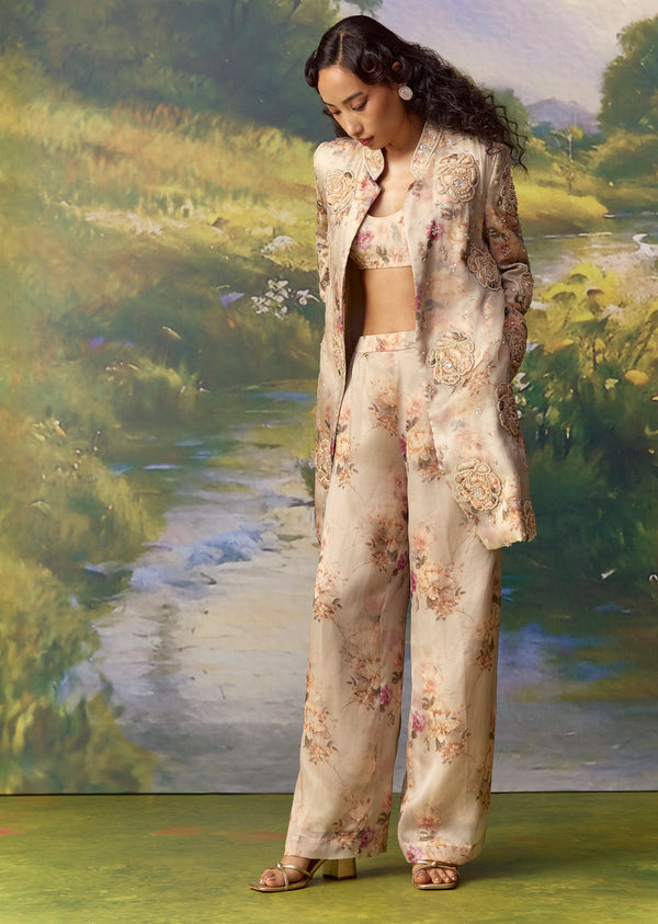 Grey Organza Printed Sherwani and Pant Set