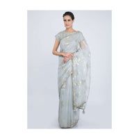 Grey Organza Saree With Silver Weaved Butti Online - Kalki Fashion