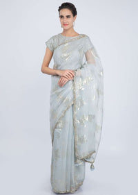 Grey Organza Saree With Silver Weaved Butti Online - Kalki Fashion