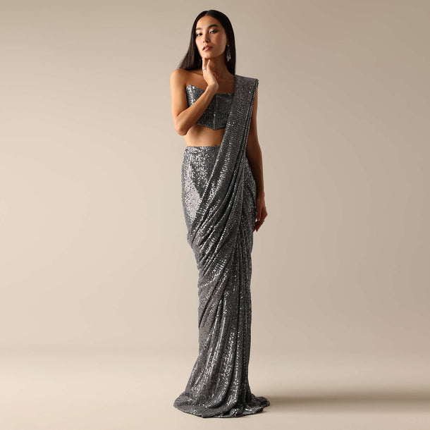 Grey Pleated Saree with A Corset Off-Shoulder Blouse