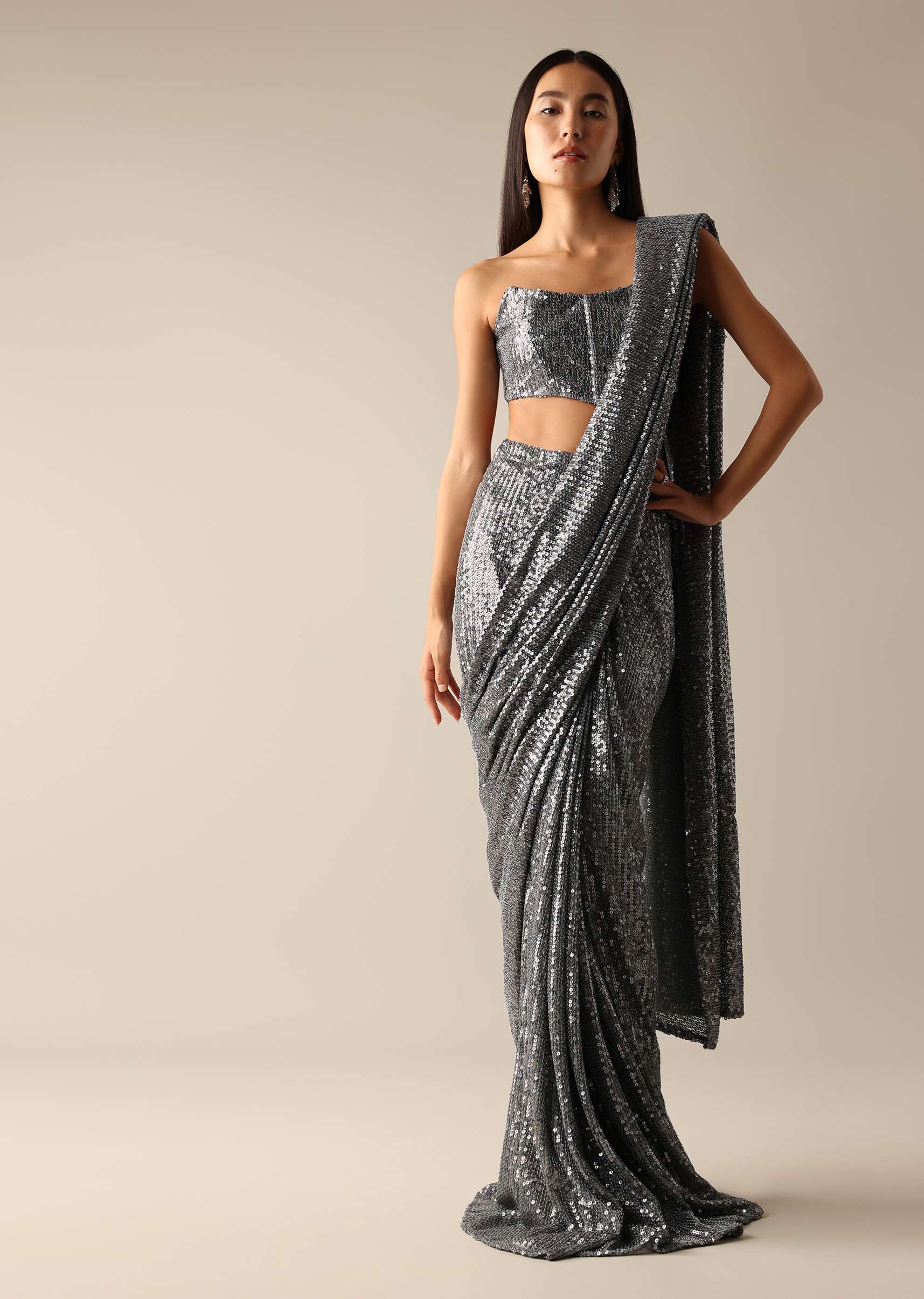 Grey Pleated Saree with A Corset Off-Shoulder Blouse