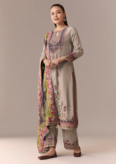 Grey Printed Kurta Set With Pant And Dupatta