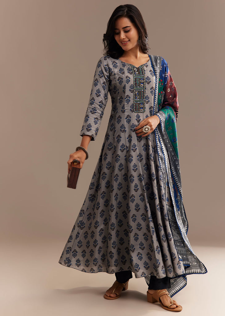 Grey Roman Silk Printed Anarkali Set