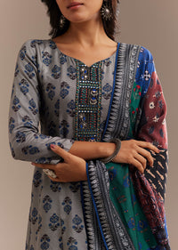 Grey Roman Silk Printed Anarkali Set