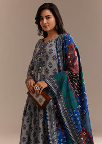 Grey Roman Silk Printed Anarkali Set