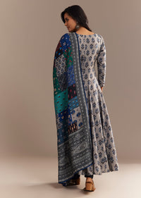 Grey Roman Silk Printed Anarkali Set