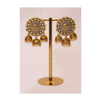 Grey round kundan cluster earring with jhumka drops