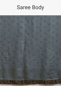 Grey Saree In Cotton With Multi Color Block Printed Applique On The Pallu And Self Printed Buttis Online - Kalki Fashion