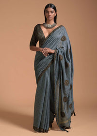 Grey Saree In Cotton With Multi Color Block Printed Applique On The Pallu And Self Printed Buttis Online - Kalki Fashion