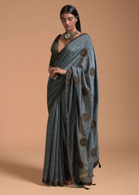 Grey Saree In Cotton With Multi Color Block Printed Applique On The Pallu And Self Printed Buttis Online - Kalki Fashion
