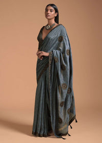 Grey Saree In Cotton With Multi Color Block Printed Applique On The Pallu And Self Printed Buttis Online - Kalki Fashion