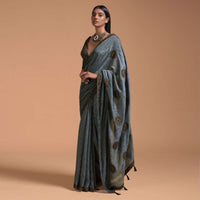 Grey Saree In Cotton With Multi Color Block Printed Applique On The Pallu And Self Printed Buttis Online - Kalki Fashion