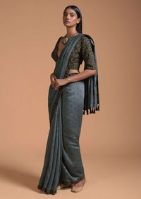 Grey Saree In Cotton With Multi Color Block Printed Applique On The Pallu And Self Printed Buttis Online - Kalki Fashion
