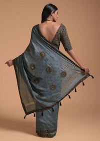 Grey Saree In Cotton With Multi Color Block Printed Applique On The Pallu And Self Printed Buttis Online - Kalki Fashion