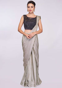 Grey satin pre stitched saree with ready pleats and draped pallo