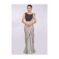 Grey Pre Stitched Saree In Satin With Ready Pleats And Draped Pallo Online - Kalki Fashion