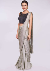 Grey satin pre stitched saree with ready pleats and draped pallo