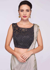 Grey satin pre stitched saree with ready pleats and draped pallo