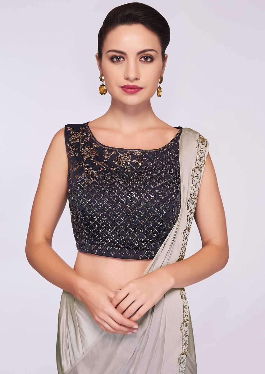 Grey satin pre stitched saree with ready pleats and draped pallo