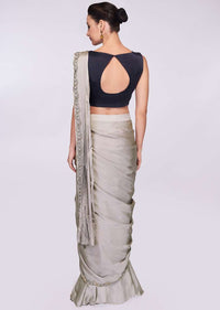 Grey satin pre stitched saree with ready pleats and draped pallo