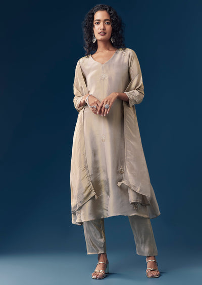 Grey Sequin Embellished Tissue Anarkali Set