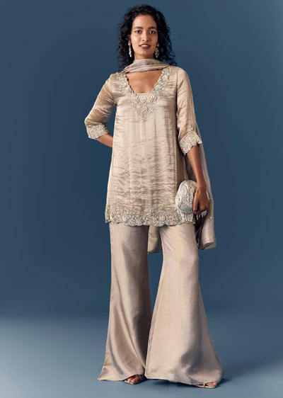 Grey Sequinned Tissue Kurta Palazzo Set With Dupatta