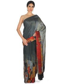 Grey and rust saree in cotton silk with face and bird print only on Kalki