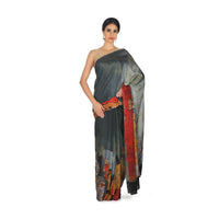 Grey shaded saree in abstract print with contrast blouse only on Kalki