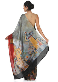 Grey shaded saree in abstract print with contrast blouse only on Kalki