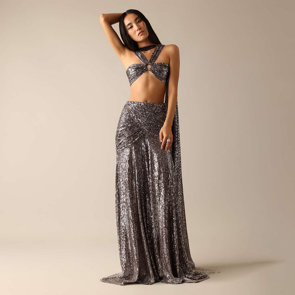 Grey Shimmer Tube Top with Fishcut Ruched Skirt
