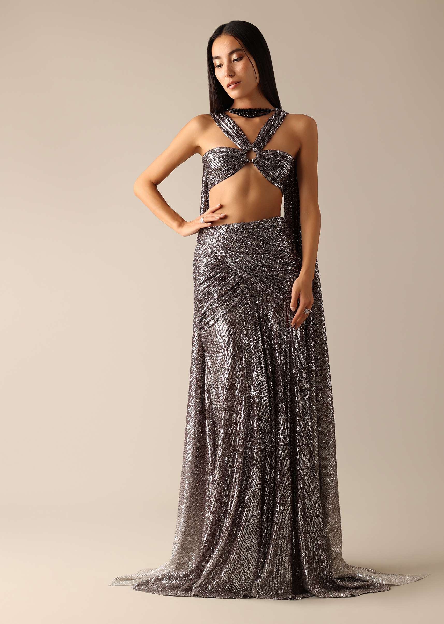 Grey Shimmer Tube Top with Fishcut Ruched Skirt