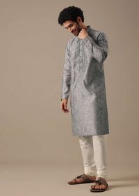 Grey Silk Chevron Kurta Set with Mirror Work