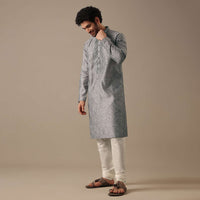 Grey Silk Chevron Kurta Set with Mirror Work