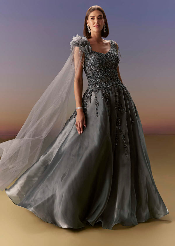 Grey Sleeveless Gown With Soft Net Trail And Shimmer